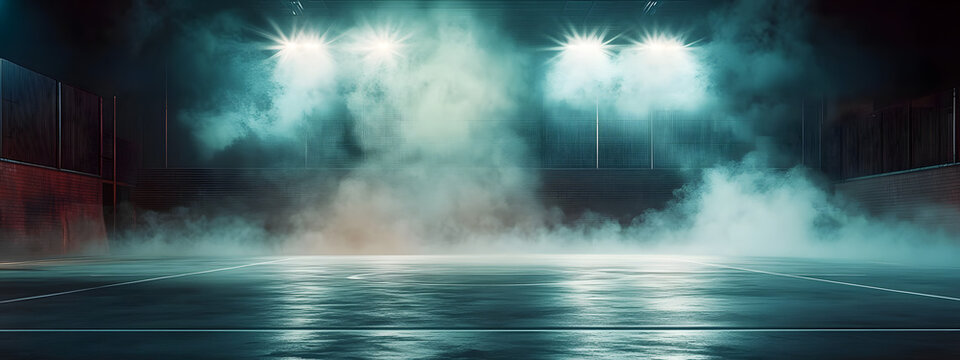 Empty futsal court with artificial lights and smoke at night