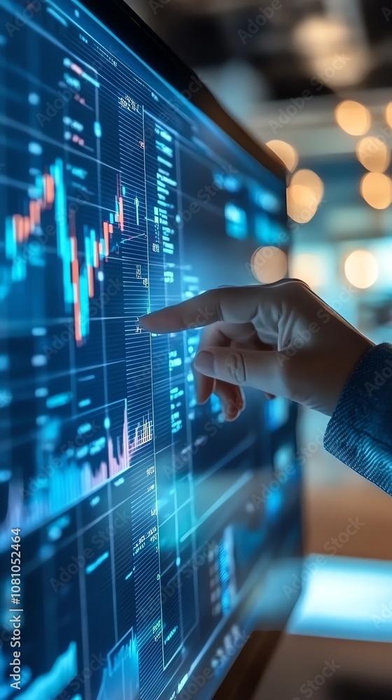Poster A hand points at a stock market graph on a large monitor.