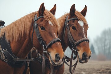 Obraz premium Two chestnut horses wearing bridles and harnesses in paddock