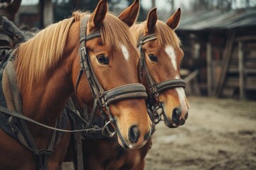 Two chestnut horses wearing bridles standing together in paddock
