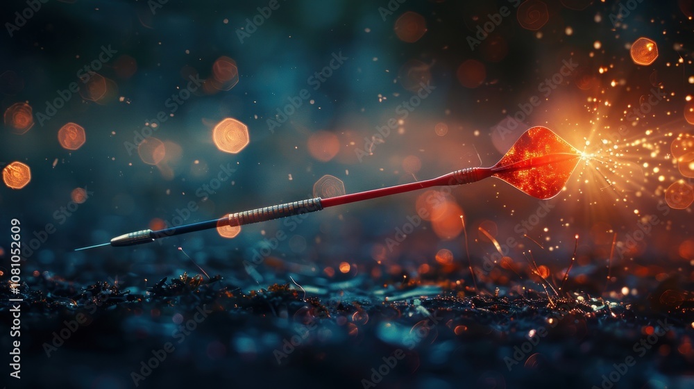 Poster a red dart with a golden tip is stuck in a dark background with a spark effect. the dart has a red f