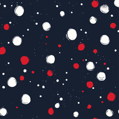 Trendy pattern with irregular polka dot mix, white and red hand-drawn dots on dark blue, playful wallpaper, textile design, poster, vector illustration, modern aesthetic.