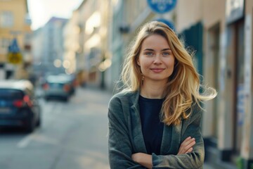 Fototapeta premium Woman Path. Blond Woman Standing with Arms Crossed on Street, Smiling with Copy Space