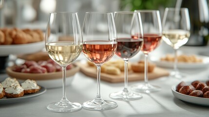 Fototapeta premium Wine glasses filled with red and white wine alongside a variety of appetizers on a beautifully arranged table.