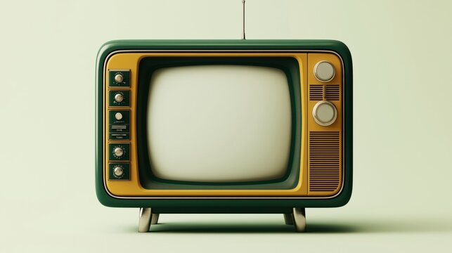 Retro-style television set with a vintage design, featuring control knobs and an antenna on a minimalistic background