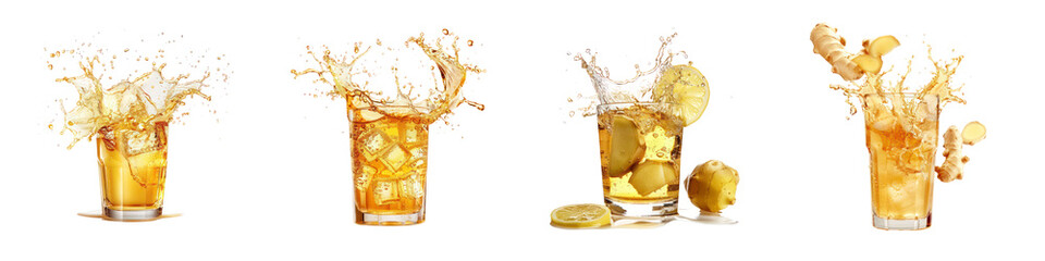 Set of  Refreshing Splash of Ginger Lemon Iced Tea with Ice Cubes and Citrus Garnish