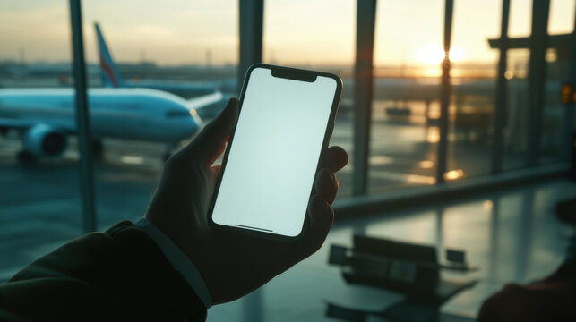 Mans hand holding a phone mockup with white screen, on the indoor airport . Airport lounge zone on background.