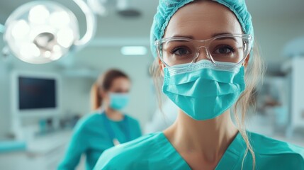A close-up of a healthcare professional in scrubs, wearing a protective mask and goggles, represents safety and dedication in a modern medical environment.