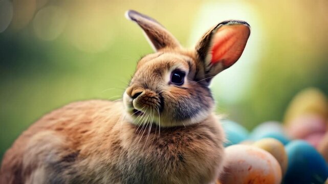 Brown rabbit surrounded by colorful painted Easter eggs on a grassy background. Bokeh light effect. Easter celebration and springtime holiday concept