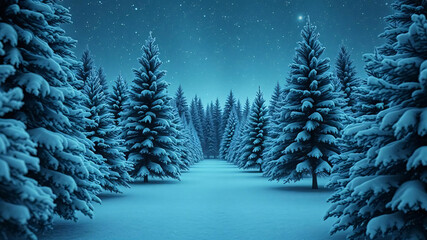 Naklejka premium A nighttime view of many pine trees covered in snow in winter. The ground was covered in snow, which was beautiful at night.