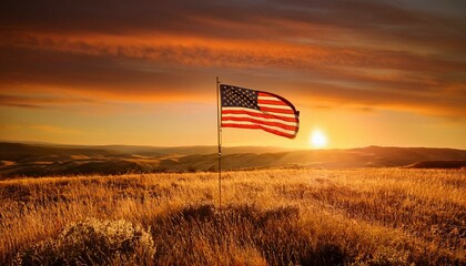 american flag at sunset