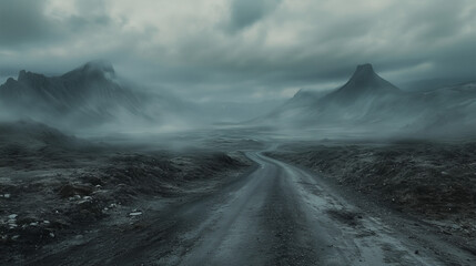 Fototapeta premium A Lonely Road Weaving Through a Desolate, Fog-Covered Landscape