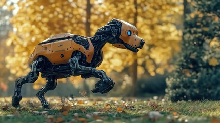 A Futuristic Robot Takes a Cheerful Robotic Dog for a Stroll Through a Vibrant Autumn Park Filled With Colorful Foliage