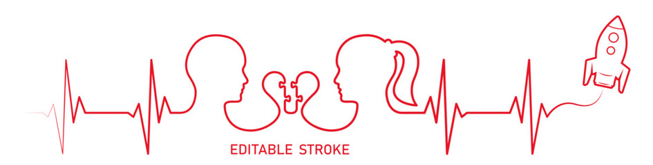 Editable red line, love couple, puzzle heart, man, woman head, rocket line art vector. Heart rhythm ekg vector design to use for love, healthy lifestyle, emotion, valentines day projects. 