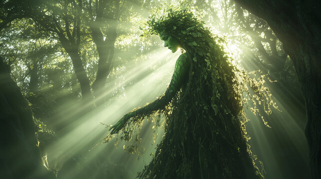 A Graceful Dryad Dances Among Sunlit Trees in an Enchanted Forest