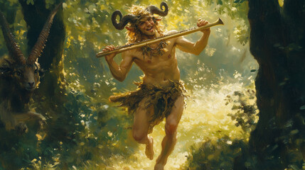 A Joyful Satyr Dancing in a Sunlit Forest, Playing His Flute
