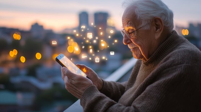 Elderly man is using a smartphone on a balcony at sunset, with social media icons floating above the device, symbolizing connection and technology in the modern age