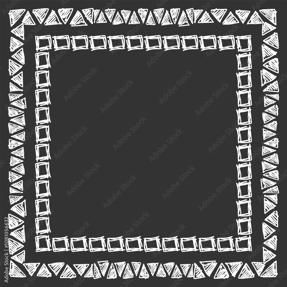 Aufkleber square frame made of different sized hand drawn hatched triangles and squares. white on black. vecto