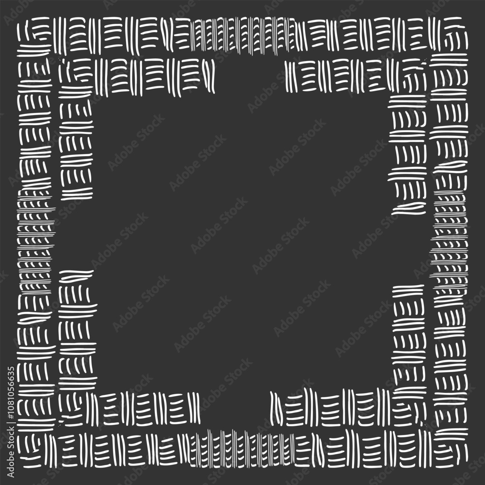 Poster square double frame of different sized handwritten dashes imitating wickerwork. white on black. vect