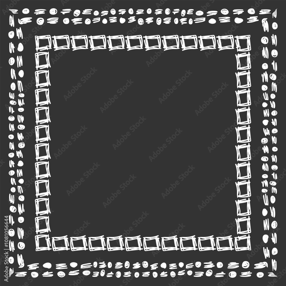 Poster square frame made of different sized handwritten dashes, dots and squares. white on black. vector il