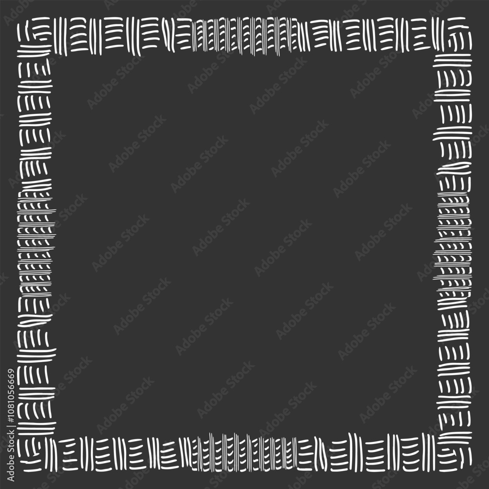 Poster square frame of different sized handwritten lines imitating wickerwork. white on black. vector illus