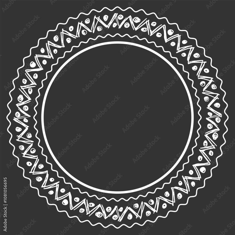 Poster round frame of different sized handwritten ethnic elements and wavy border. white on black. vector i