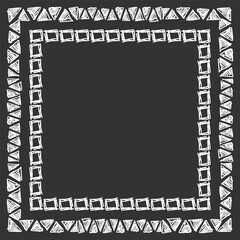 Square frame made of different sized hand drawn hatched triangles and squares. White on black. Vector illustration
