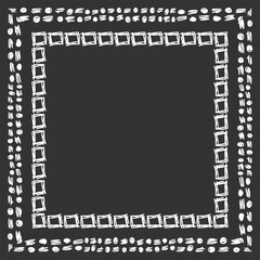 Square frame made of different sized handwritten dashes, dots and squares. White on black. Vector illustration