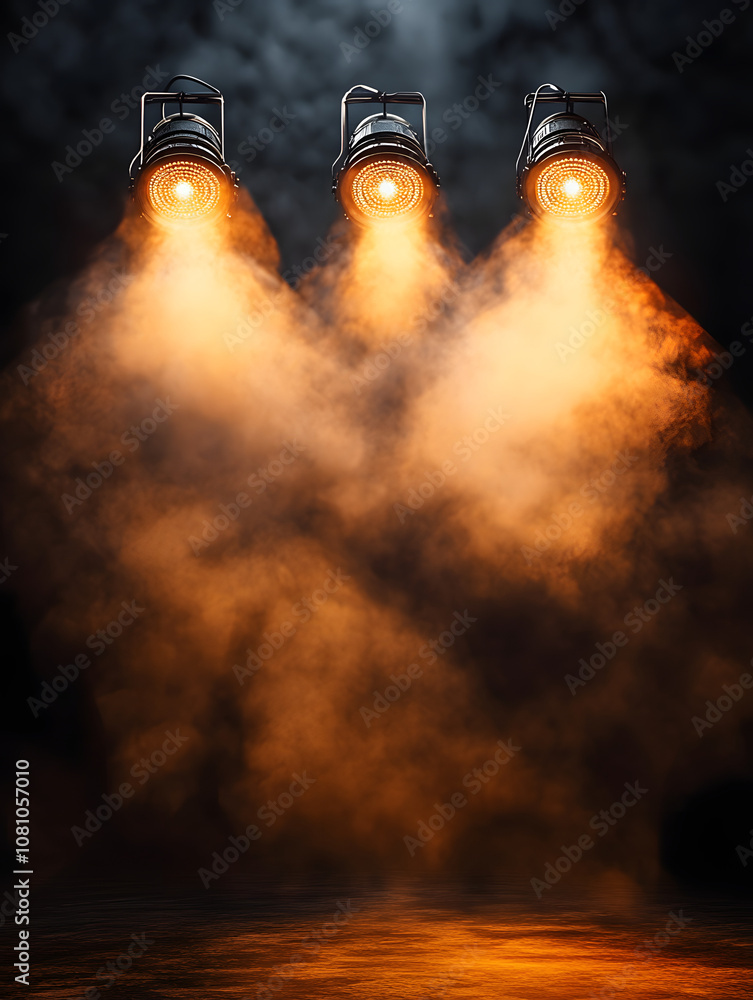 Aufkleber an image of three stage spotlights with smoke and haze on a black background. the lights are pointed