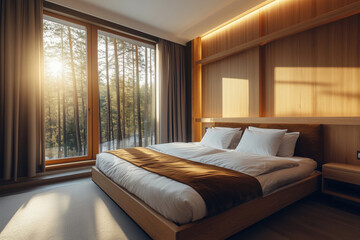 Fototapeta premium Modern minimalist luxury hotel room overlooking the forest