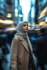 A Contemplative Middle Eastern Woman in a Bustling Urban Setting