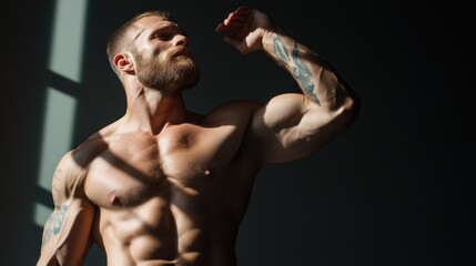 Obraz premium A tattooed man with a strong and muscular physique is flexing his bicep in a sunlit room, emphasizing his fitness level and the art of body modification.