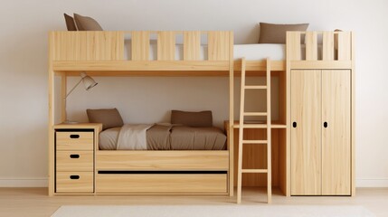 Bedroom interior decor space-saving Concept.A modern wooden bunk bed with a lower twin bed, storage drawers, a wardrobe, and a cozy design ideal for maximizing space in a bedroom.