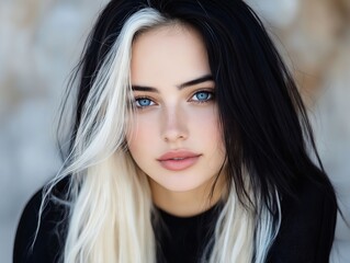 Naklejka premium A woman with long black and white hair and blue eyes