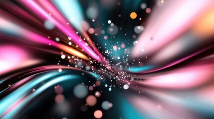 An array of vibrant particles flows dynamically through layers of pink and blue colors, conveying energetic movement and abstract fluidity in a mesmerizing visual.