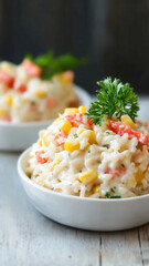 Delicious Russian salad with rice, crab sticks, corn, and mayonnaise served on a small plate, perfect for any occasion