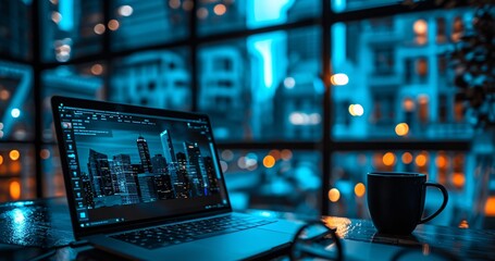 The workspace showcases a laptop displaying city graphics with a coffee cup beside it. Outside, city buildings illuminate as day transitions to night, creating a serene atmosphere