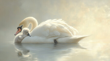 Obraz premium A Serene Swan Nurturing Her Cygnet at Dawn on a Tranquil Lake