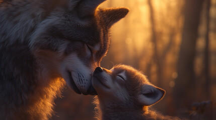 Tender Moment Between a Wolf Mother and Her Cub at Dusk