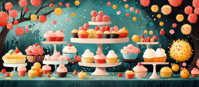 A colorful and whimsical display of cupcakes on stands, adorned with decorative balls.