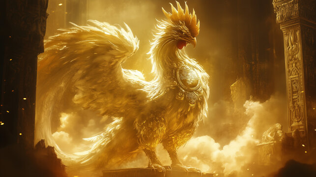 A Majestic Abraxas Rising Amidst Golden Mist and Ancient Ruins