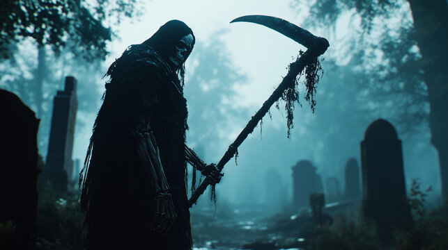Ankou, the Spectral Harbinger, Looms in a Misty Graveyard at Dusk