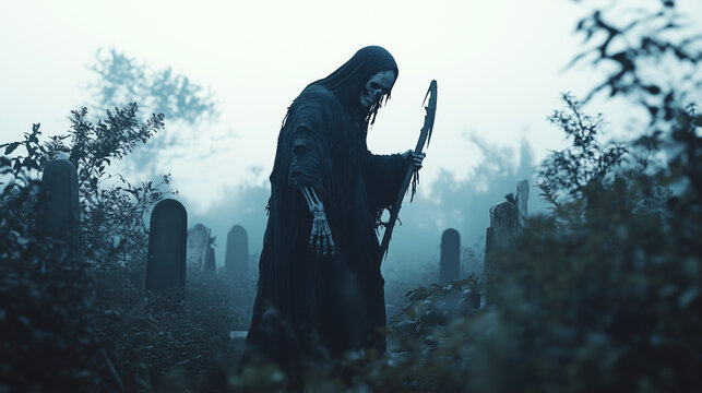 Ankou, the Ghostly Figure, Roams the Misty Graveyard
