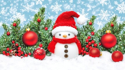 Obraz premium Snowman adorned with a red hat and scarf, surrounded by festive Christmas decorations.