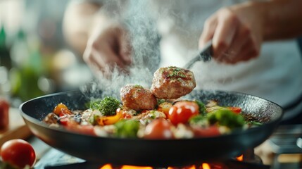 Close-up of a sizzling piece of meat in a pan surrounded by vibrant vegetables as a chef carefully flips it, with steam and bright colors creating an appetizing scene.