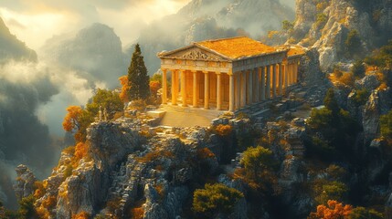 Ancient Greek temple on a clifftop with clouds and trees in the background.