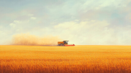 Fototapeta premium Harvesting Golden Wheat in a Vast Field Under a Cloudy Sky