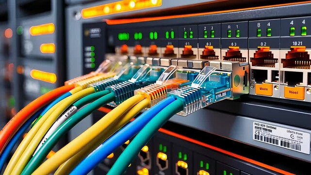 Close-Up of Network Server with Connected Cables