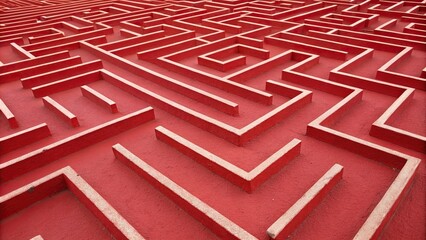 Red background featuring an intricate network of thin lines and shapes that resemble a maze, creating a sense of depth and complexity, maze, intriguing, intricate design