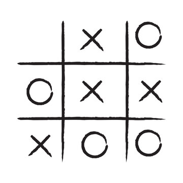 Hand drawn tic tac toe game. X-O children game. Play a tictactoe draw. Noughts and win. Vector illustration in doodle style on white background.